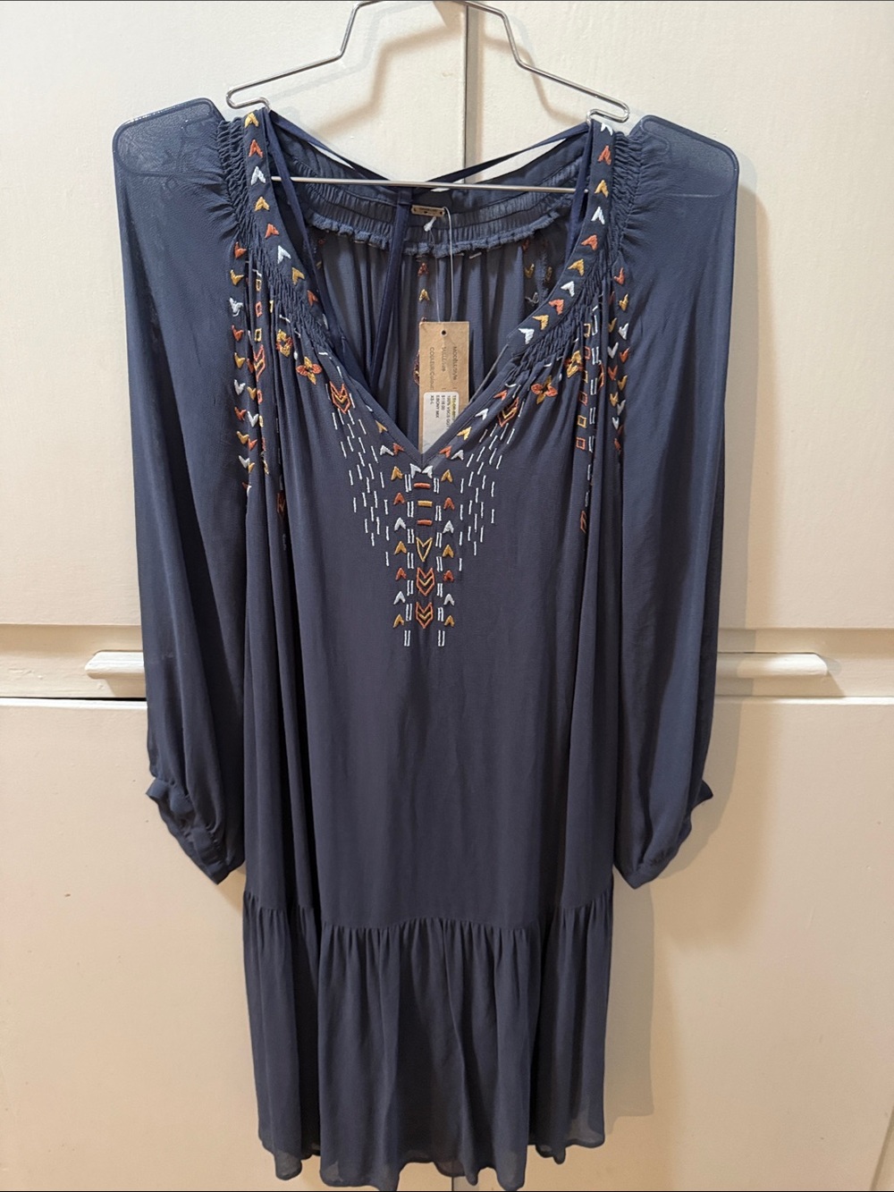 Anthropologie Navy Embroidered V-Neck Boho Dress